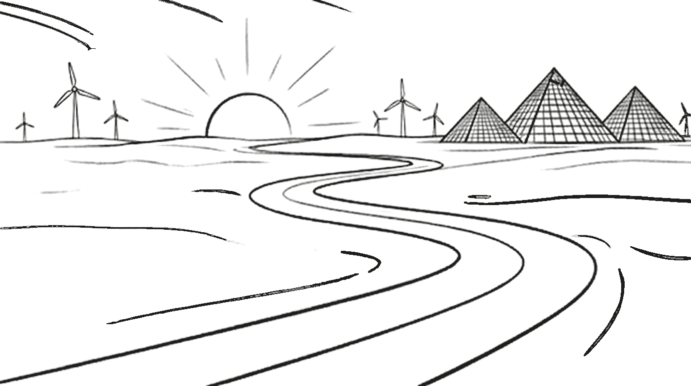 Line drawing of a long winding road running to the horizon beneath a rising sun